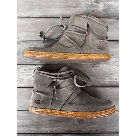 UGG Reid Lace-Up Flat Moc Leather Gray Bootie Size 7 - Picture 6 of 10